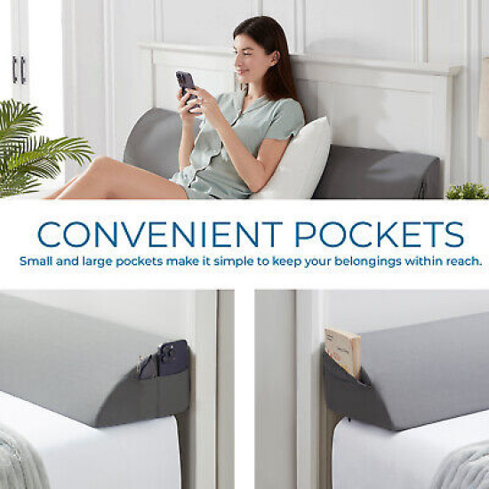 Bed Wedge Pillow for Headboard with Removable Cover - Wedge Pillow with Pockets