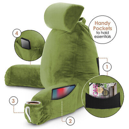 Large Soft Foam Reading & TV Relax Pillow + 2 Neck & Lumbar Pillows with Pockets