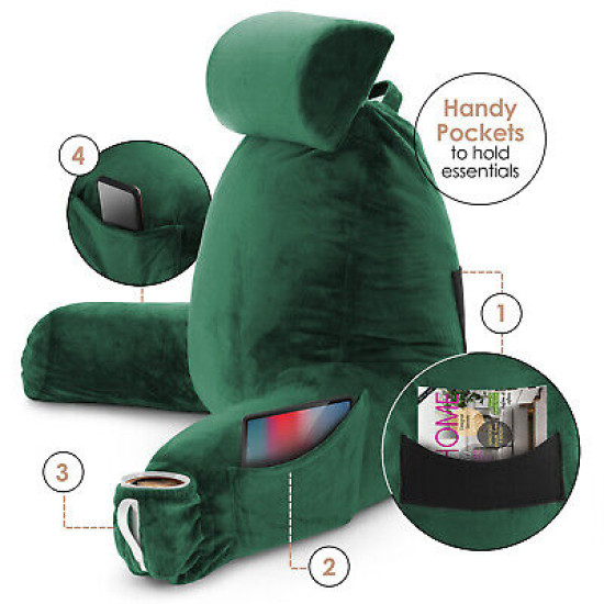 Large Soft Foam Reading & TV Relax Pillow + 2 Neck & Lumbar Pillows with Pockets