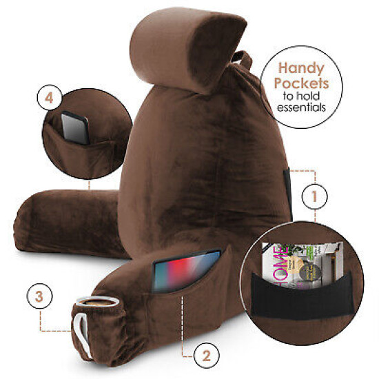 Large Soft Foam Reading & TV Relax Pillow + 2 Neck & Lumbar Pillows with Pockets