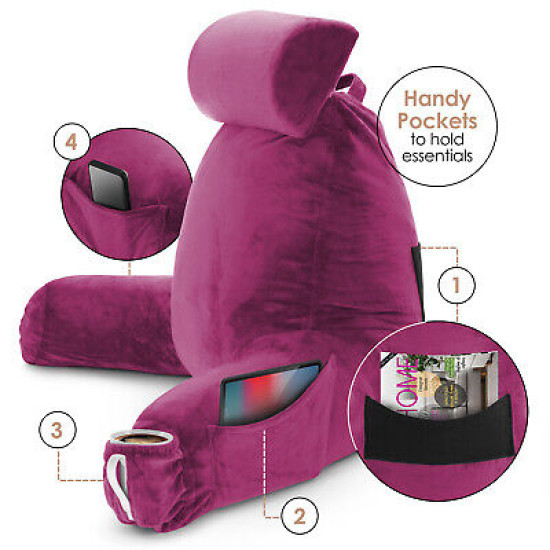 Large Soft Foam Reading & TV Relax Pillow + 2 Neck & Lumbar Pillows with Pockets