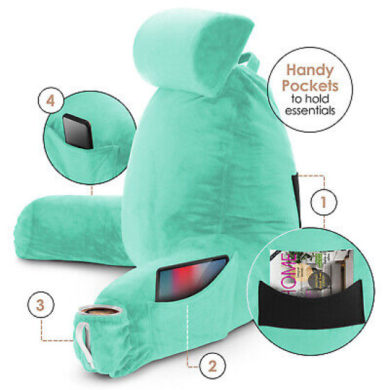 Large Soft Foam Reading & TV Relax Pillow + 2 Neck & Lumbar Pillows with Pockets