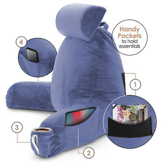 Large Soft Foam Reading & TV Relax Pillow + 2 Neck & Lumbar Pillows with Pockets