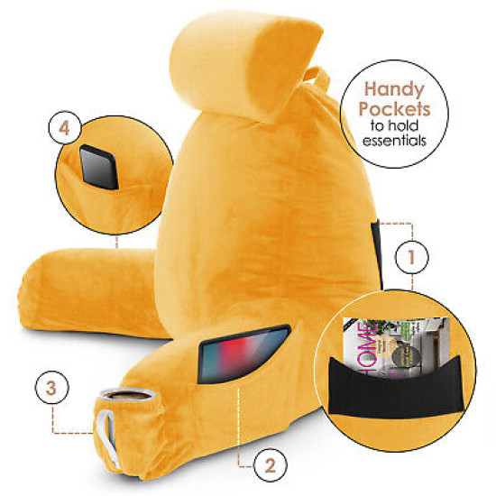 Large Soft Foam Reading & TV Relax Pillow + 2 Neck & Lumbar Pillows with Pockets