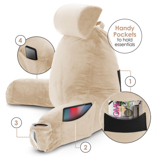 Large Soft Foam Reading & TV Relax Pillow + 2 Neck & Lumbar Pillows with Pockets
