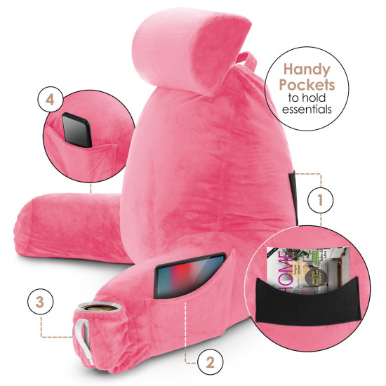 Large Soft Foam Reading & TV Relax Pillow + 2 Neck & Lumbar Pillows with Pockets