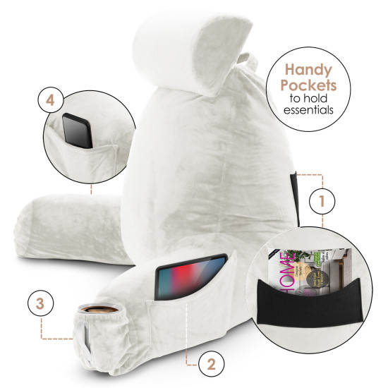 Large Soft Foam Reading & TV Relax Pillow + 2 Neck & Lumbar Pillows with Pockets