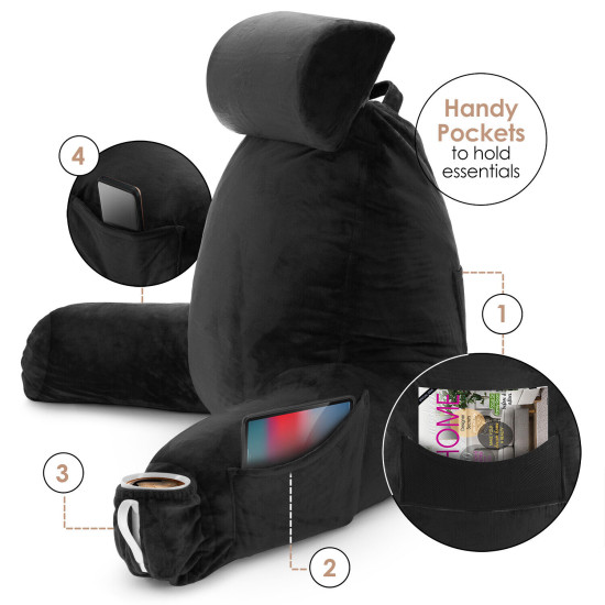 Large Soft Foam Reading & TV Relax Pillow + 2 Neck & Lumbar Pillows with Pockets
