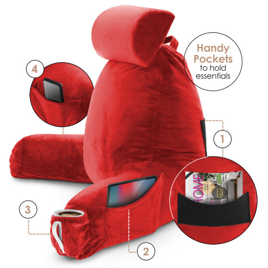 Large Soft Foam Reading & TV Relax Pillow + 2 Neck & Lumbar Pillows with Pockets