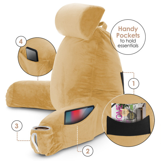 Large Soft Foam Reading & TV Relax Pillow + 2 Neck & Lumbar Pillows with Pockets