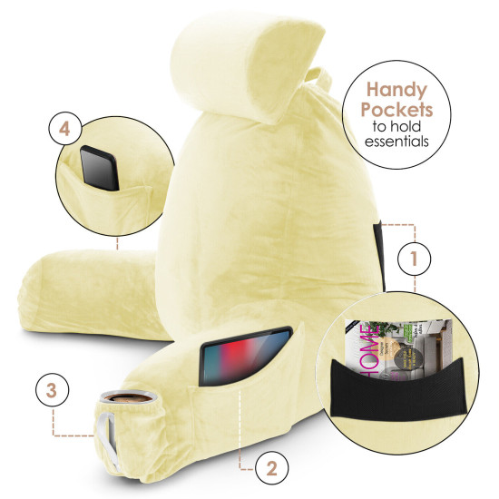 Large Soft Foam Reading & TV Relax Pillow + 2 Neck & Lumbar Pillows with Pockets