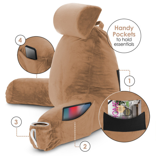 Large Soft Foam Reading & TV Relax Pillow + 2 Neck & Lumbar Pillows with Pockets