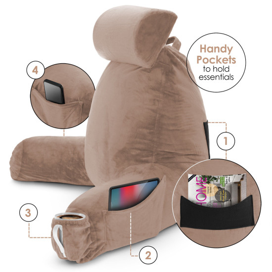 Large Soft Foam Reading & TV Relax Pillow + 2 Neck & Lumbar Pillows with Pockets