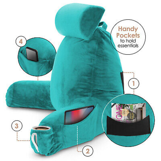 Large Soft Foam Reading & TV Relax Pillow + 2 Neck & Lumbar Pillows with Pockets