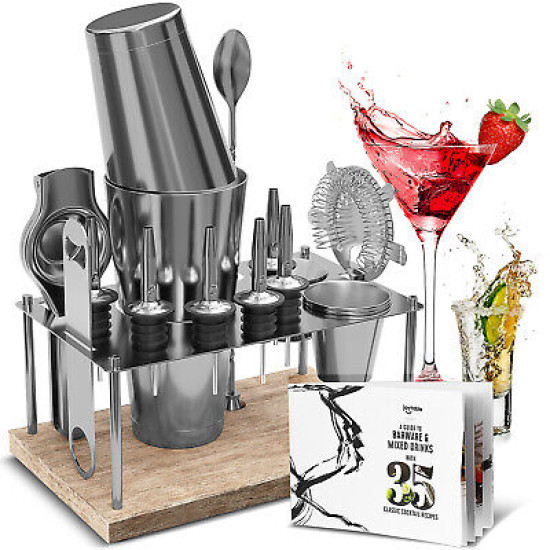 16 Pc+Stand Bartender Kit, Complete Cocktail Shaker Bar Tools Set & Recipe book