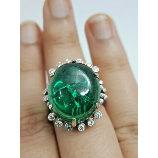 Style Vintage Sterling Silver Ring 925 CZ Green Cabochon Round Women ADASTRA