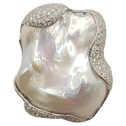 Sterling Silver Ring For Women 925 Cubic Zirconia Baroque Pearl White ADASTRA