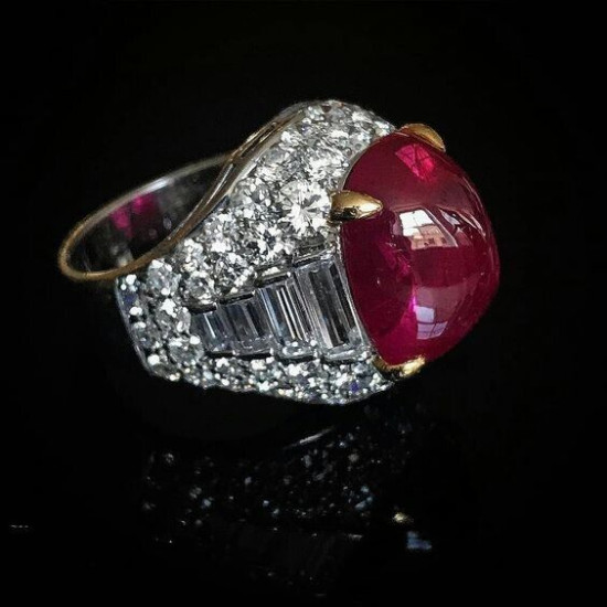 Lab Burma Ruby Cabochon Statement Ring 925 Fine Silver Red Carpet CZ Jewelry New