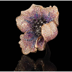 925 Sterling Silver Poppy Flower Ring Black CZ Amethyst Pave Set High Jewelry