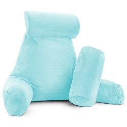 Large Foam Reading & TV Bed Rest Pillow +2 Neck & Lumbar Pillows, W/Pocket- Aqua