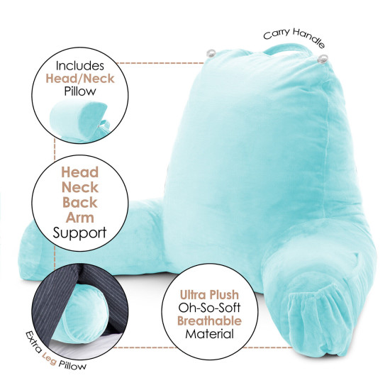 Large Foam Reading & TV Bed Rest Pillow +2 Neck & Lumbar Pillows, W/Pocket- Aqua