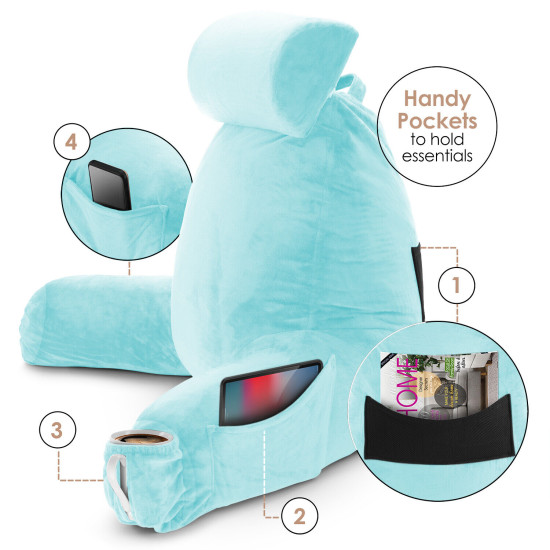 Large Foam Reading & TV Bed Rest Pillow +2 Neck & Lumbar Pillows, W/Pocket- Aqua