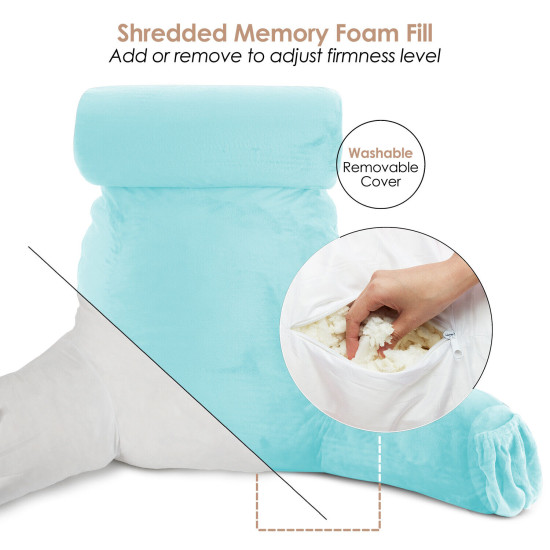 Large Foam Reading & TV Bed Rest Pillow +2 Neck & Lumbar Pillows, W/Pocket- Aqua