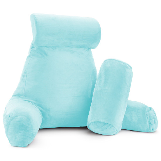 Large Foam Reading & TV Bed Rest Pillow +2 Neck & Lumbar Pillows, W/Pocket- Aqua