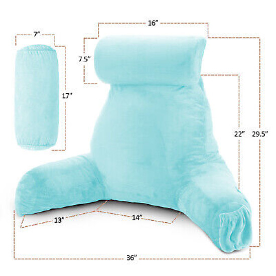Large Foam Reading & TV Bed Rest Pillow +2 Neck & Lumbar Pillows, W/Pocket- Aqua