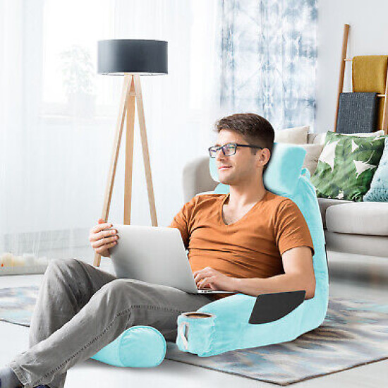 Large Foam Reading & TV Bed Rest Pillow +2 Neck & Lumbar Pillows, W/Pocket- Aqua