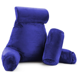 Large Reading & TV Bed Rest Pillow +2 Neck & Lumbar Pillows, W/Pocket-Royal Blue