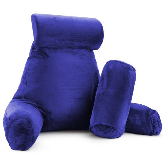 Large Reading & TV Bed Rest Pillow +2 Neck & Lumbar Pillows, W/Pocket-Royal Blue
