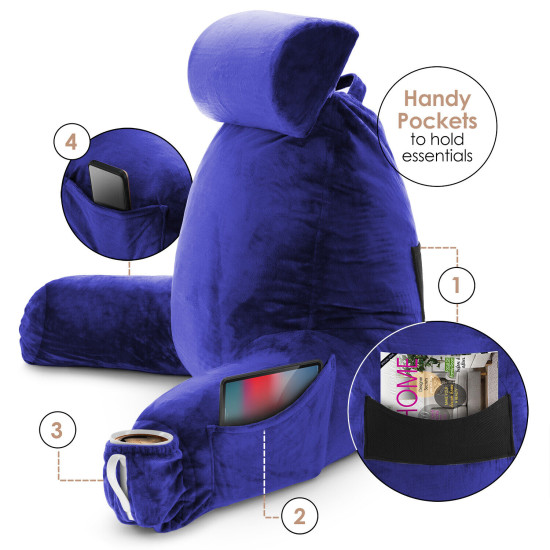 Large Reading & TV Bed Rest Pillow +2 Neck & Lumbar Pillows, W/Pocket-Royal Blue