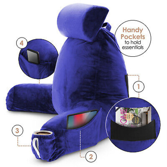Large Reading & TV Bed Rest Pillow +2 Neck & Lumbar Pillows, W/Pocket-Royal Blue