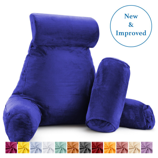 Large Reading & TV Bed Rest Pillow +2 Neck & Lumbar Pillows, W/Pocket-Royal Blue