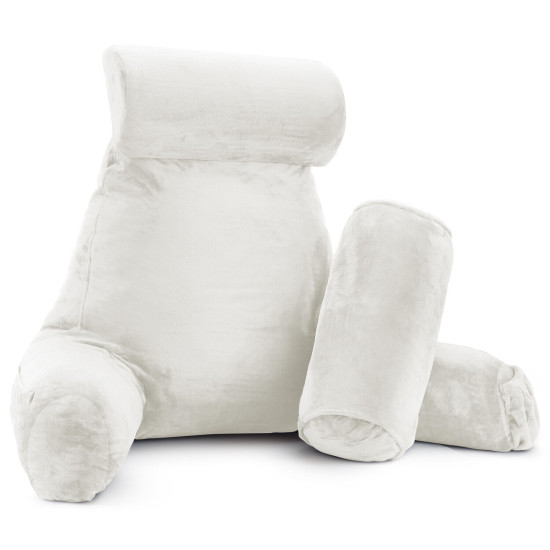 Large Soft Reading & TV Bed Rest Pillow +2 Neck & Lumbar Pillows, W/Pocket-White
