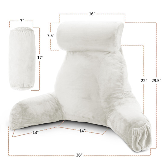 Large Soft Reading & TV Bed Rest Pillow +2 Neck & Lumbar Pillows, W/Pocket-White