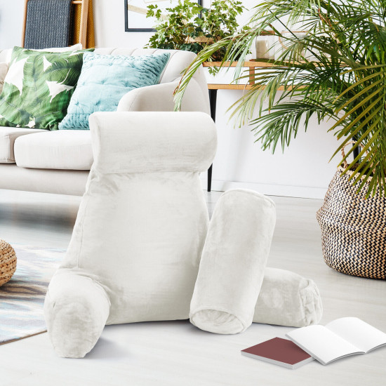 Large Soft Reading & TV Bed Rest Pillow +2 Neck & Lumbar Pillows, W/Pocket-White