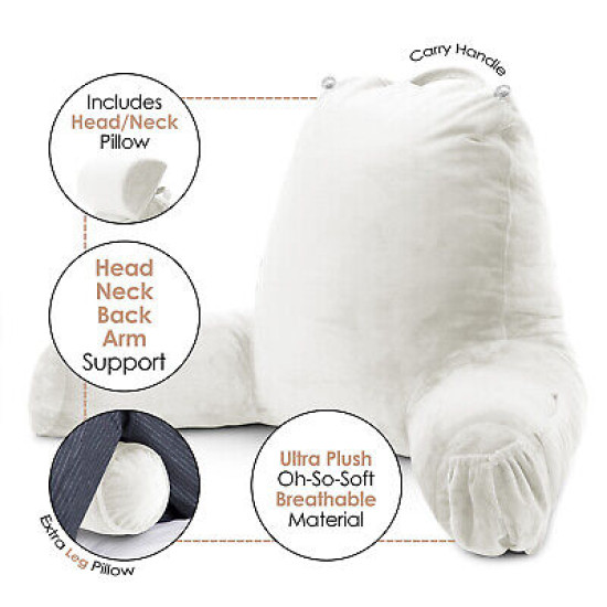 Large Soft Reading & TV Bed Rest Pillow +2 Neck & Lumbar Pillows, W/Pocket-White