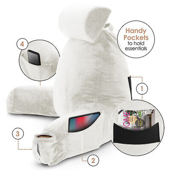 Large Soft Reading & TV Bed Rest Pillow +2 Neck & Lumbar Pillows, W/Pocket-White