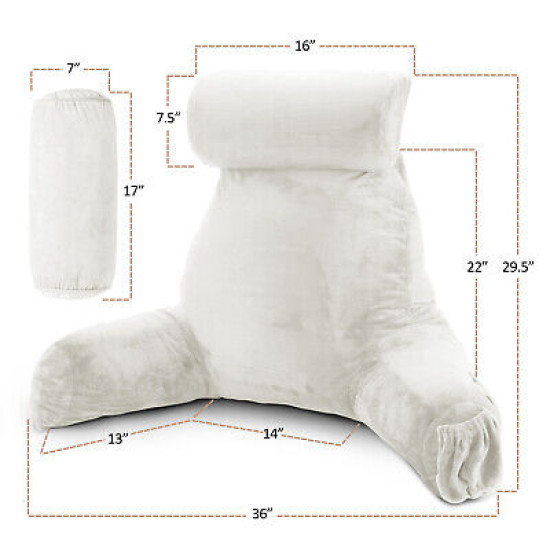 Large Soft Reading & TV Bed Rest Pillow +2 Neck & Lumbar Pillows, W/Pocket-White