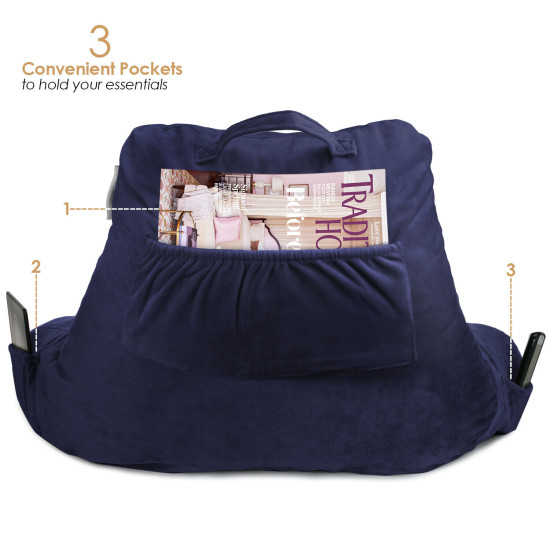 Soft Reading Pillow, TV & Bed Rest Pillow, Arms Support With Pockets - Navy Blue