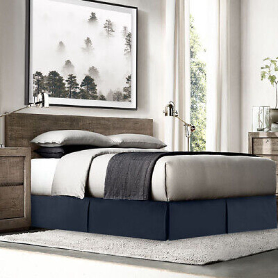 Luxury Pleated Tailored Bed Skirt - 14” Drop Dust Ruffle, Cal King - Navy Blue