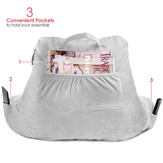 Super Soft Reading Pillow, TV & Bed Rest Pillow, Arms Support W/ Pockets -Silver
