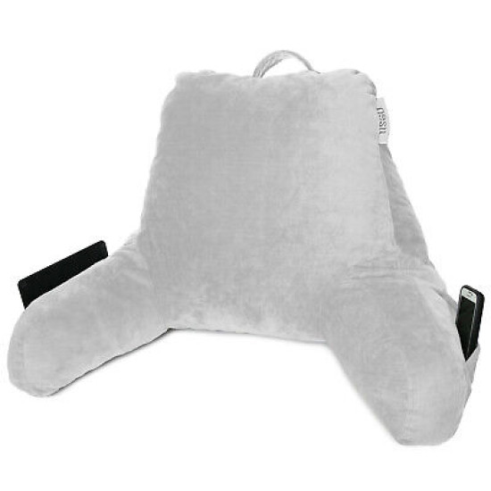 Super Soft Reading Pillow, TV & Bed Rest Pillow, Arms Support W/ Pockets -Silver