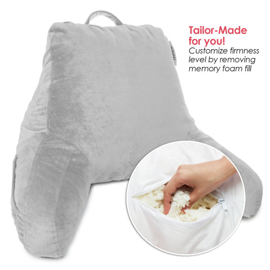 Super Soft Reading Pillow, TV & Bed Rest Pillow, Arms Support W/ Pockets -Silver