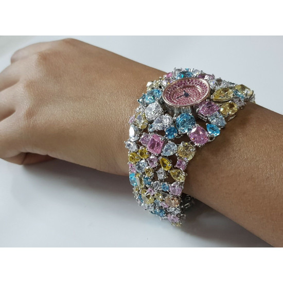 Multicolored gemstone watch jewelry bracelet style celebrity inspired 925 cz