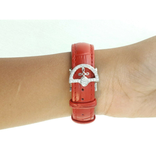 Women Wrist Watch Round Shape Blue Enamel Red 925 Sterling Silver Cubic Zirconia