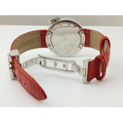 Women Wrist Watch Round Shape Blue Enamel Red 925 Sterling Silver Cubic Zirconia