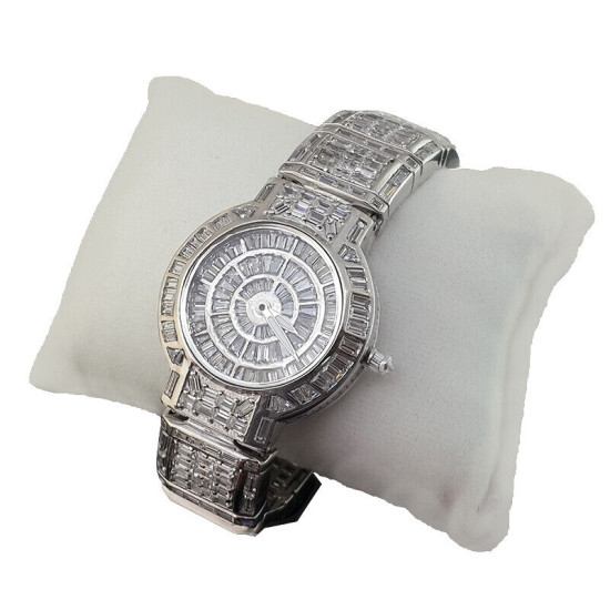 925 Sterling Silver Wristwatch Cubic Zirconia White Studded Baguette Jewelry